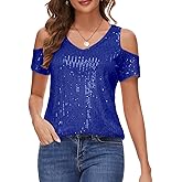 Womens Sparkly Sequin Top V Neck Cold Shoulder Glitter Short Sleeve Dressy Party Blouse Shirts