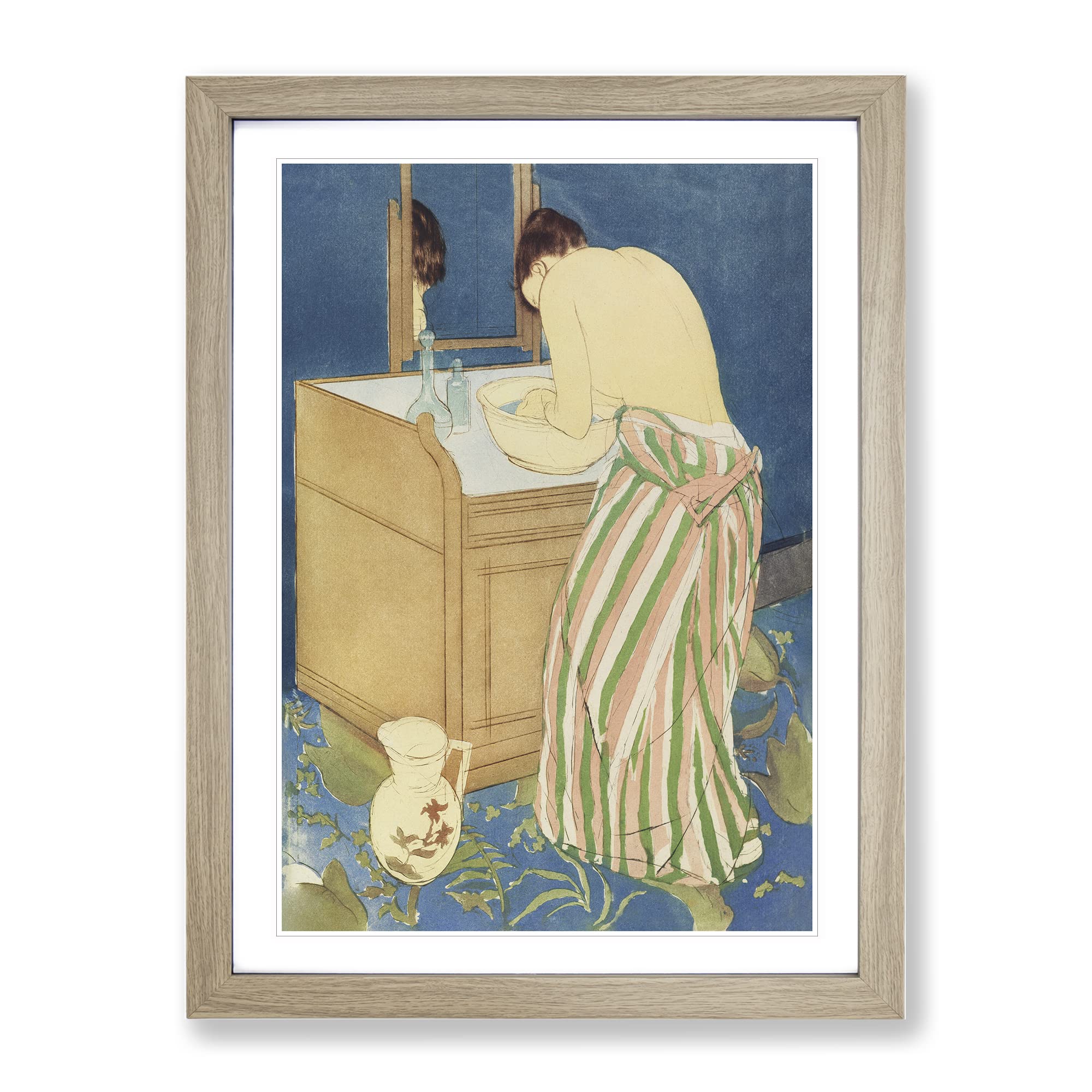 Woman Bathing By Mary Cassatt Classic Painting Framed Wall Art Print, Ready to Hang Picture for Living Room Bedroom Home Office Décor, Oak A4 (34 x 25 cm)