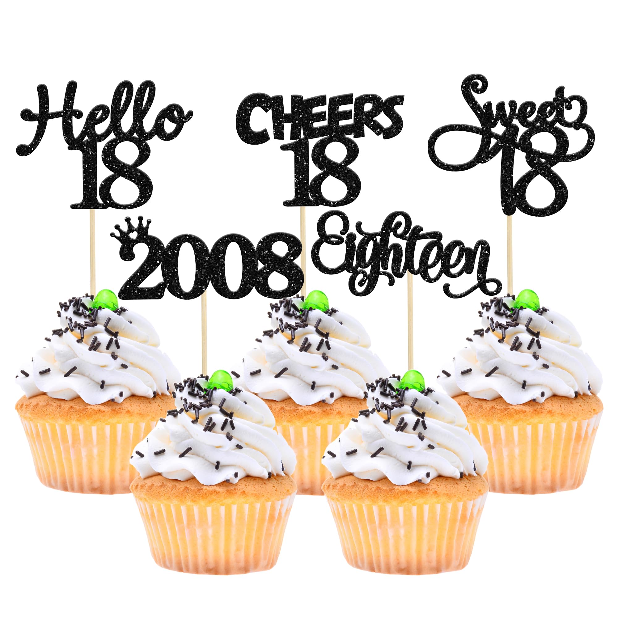 Gyufise 30 Pack Black Glitter 18th Birthday Cupcake Toppers Hello Sweet 18 Sixteen Since 2008 Cupcake Picks for Cheers to 18th Birthday Party Cake Decorations Supplies