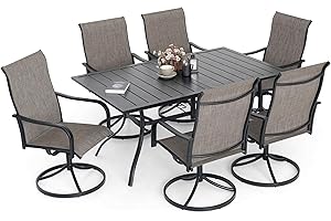 Virvla 7-Piece Outdoor Patio Dining Set, 6 Swivel Rocking Patio Chairs & 1 Rectangular Dining Table for for Backyard Front Porch Pool Deck Outdoor Furniture Set Tan Brown/Grey