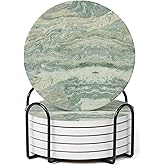 Hoomey Set of 6 Sage Green Abstract Onyx Marble Coasters with Holder, Absorbent Ceramic Drink Coasters for Table Protection, Coffee Table Decor