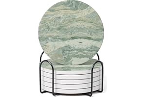Hoomey Set of 6 Sage Green Abstract Onyx Marble Coasters with Holder, Absorbent Ceramic Drink Coasters for Table Protection, Coffee Table Decor