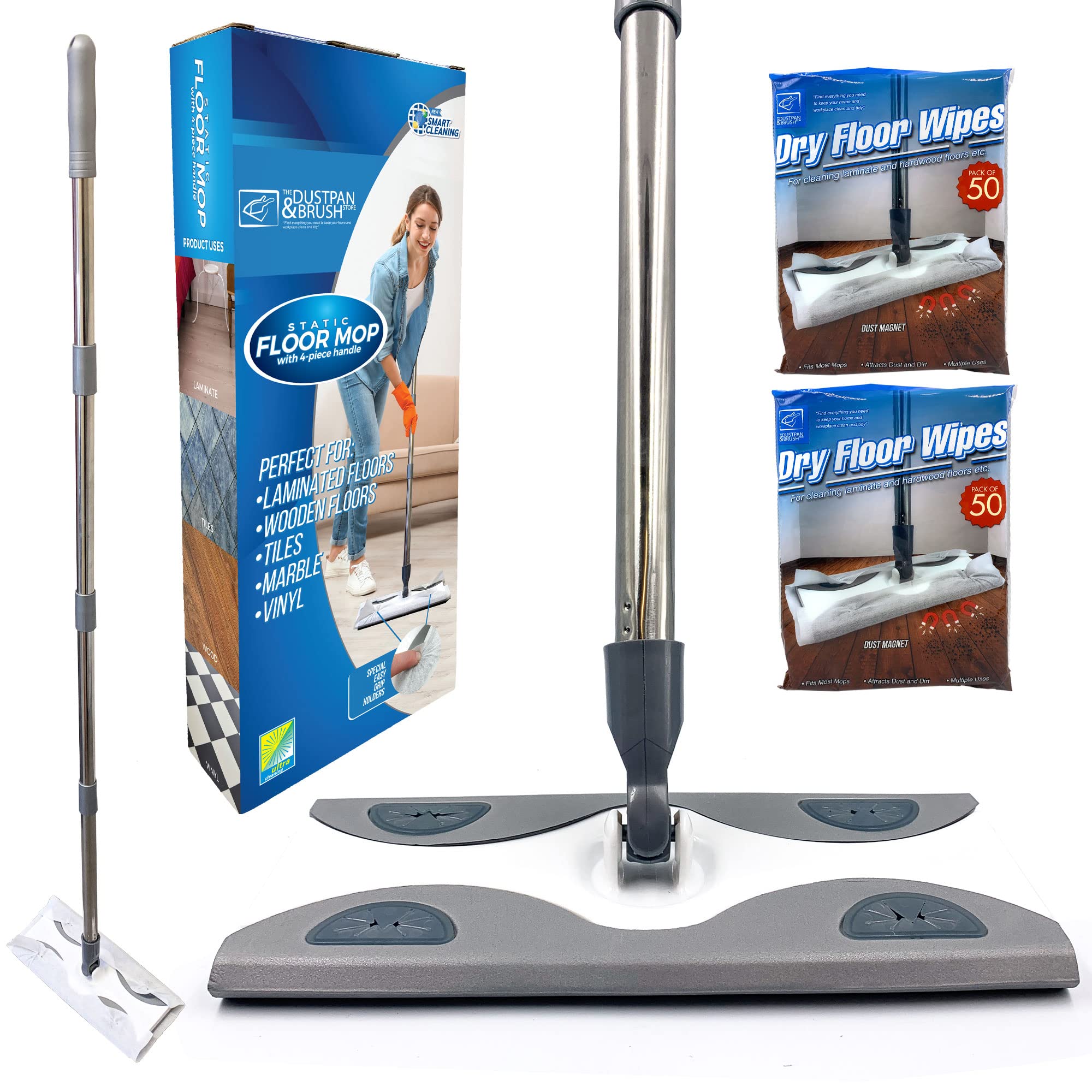 Laminate Floor Mop with Pack of 100 Dry Floor Wipes – Mops with Disposable Wipes That Attract Dust from Laminated, Tiled, Wooden, and Vinyl Floorings, Easy Clean Flat Mop Set Static Sweeper Kit