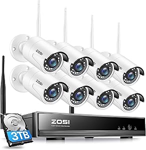 ZOSI 8CH 1080P Wireless Security Camera System with Hard Drive 3TB, H.265+ 8Channel 1080P CCTV NVR Recorder,4pcs 2MP Outdoor Bullet IP WiFi Cameras with Night Vision for Home Business 24/7 Recording