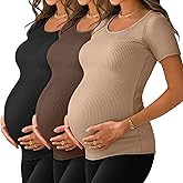 Neer 3 Pack Women's Ribbed Maternity Tops Pregnancy Round Neck Shirts Short Sleeve Soft Maternity Clothes for Mama