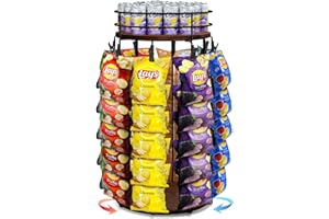 Usluole Chip Rack Display Stand, 5 Tiers 40 Clips Snack Organizer with Fence, 360°Rotating Wooden Base Chip Bag Holder Candy Display for Concession Stand Countertop, Party, Retail, Home Office, Brown
