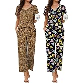 Ekouaer 2 Pack Pajamas for Women Short Sleeve V Neck Pj 2 Piece Lounge Sets S-XXL