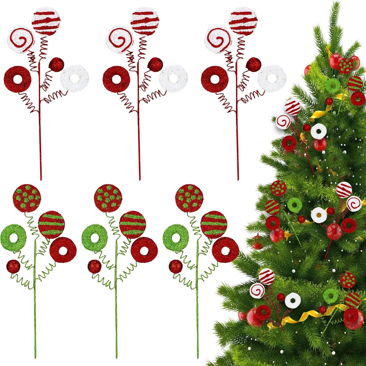 Tree Toppers - 6 Pcs Christmas Tree Picks Candy and Lollipop Pick for Holiday Christmas Tree Decoration Striped Glitter Ornament for Xmas Tree Topper Party Decorations