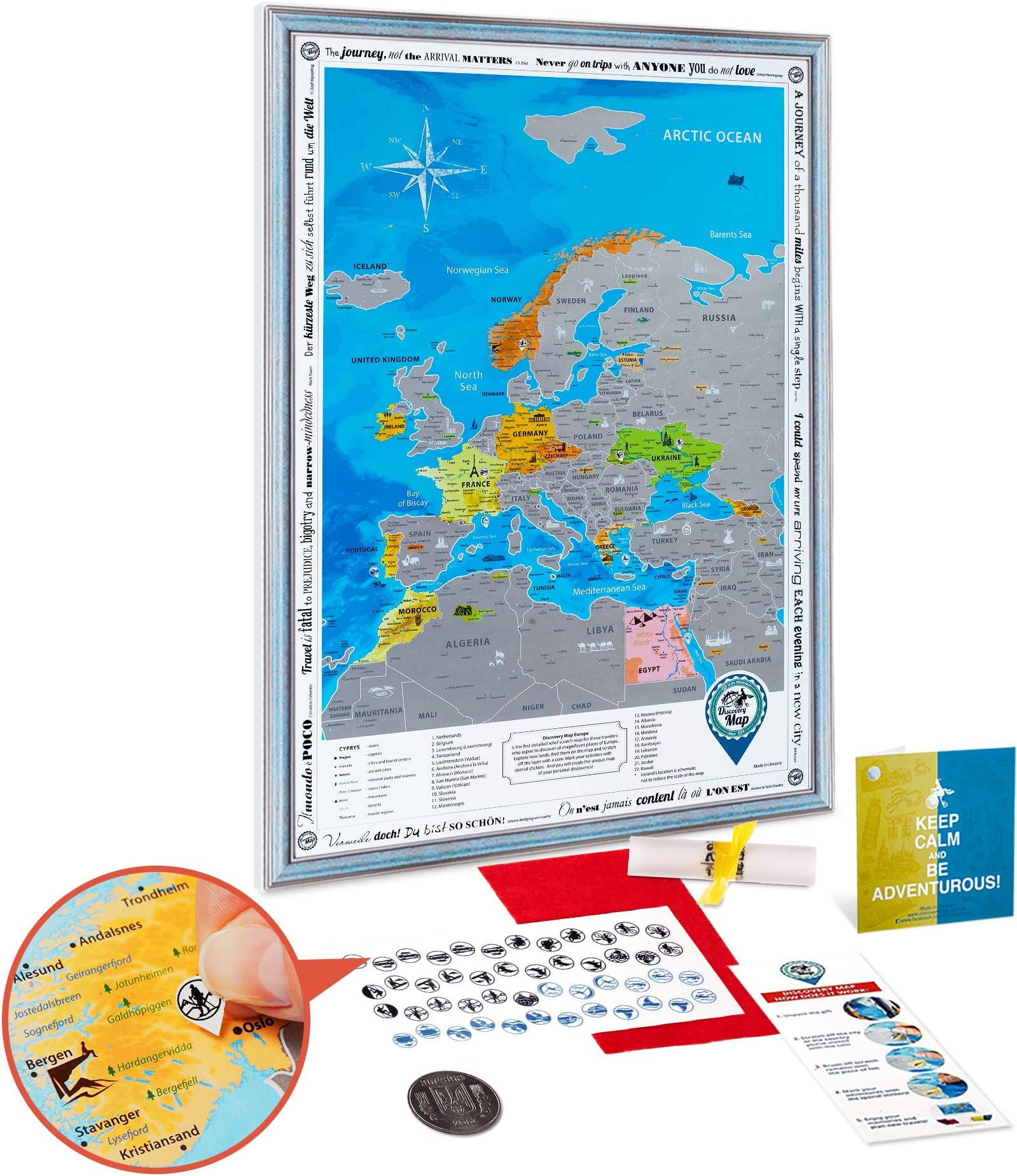 Scratch Off Europe Map Framed - Premium Detailed Large Europe Wall Map Scratch Off 19x27 with Blue Frame - Colorful Silver Foil Europe Travel Map Scratch Off Poster - Discovery Map