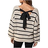 GORGLITTER Women's Bow Fall Sweaters 2025 Cable Knit Chunky Oversized Long Sleeve Backless V Neck Pullover Tops