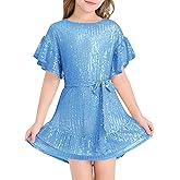 Batermoon Girls' Sequin Dress Crew Neck Bat Sleeve Ruffle Party Wedding Flower Dress with Belt for 5-14 Years
