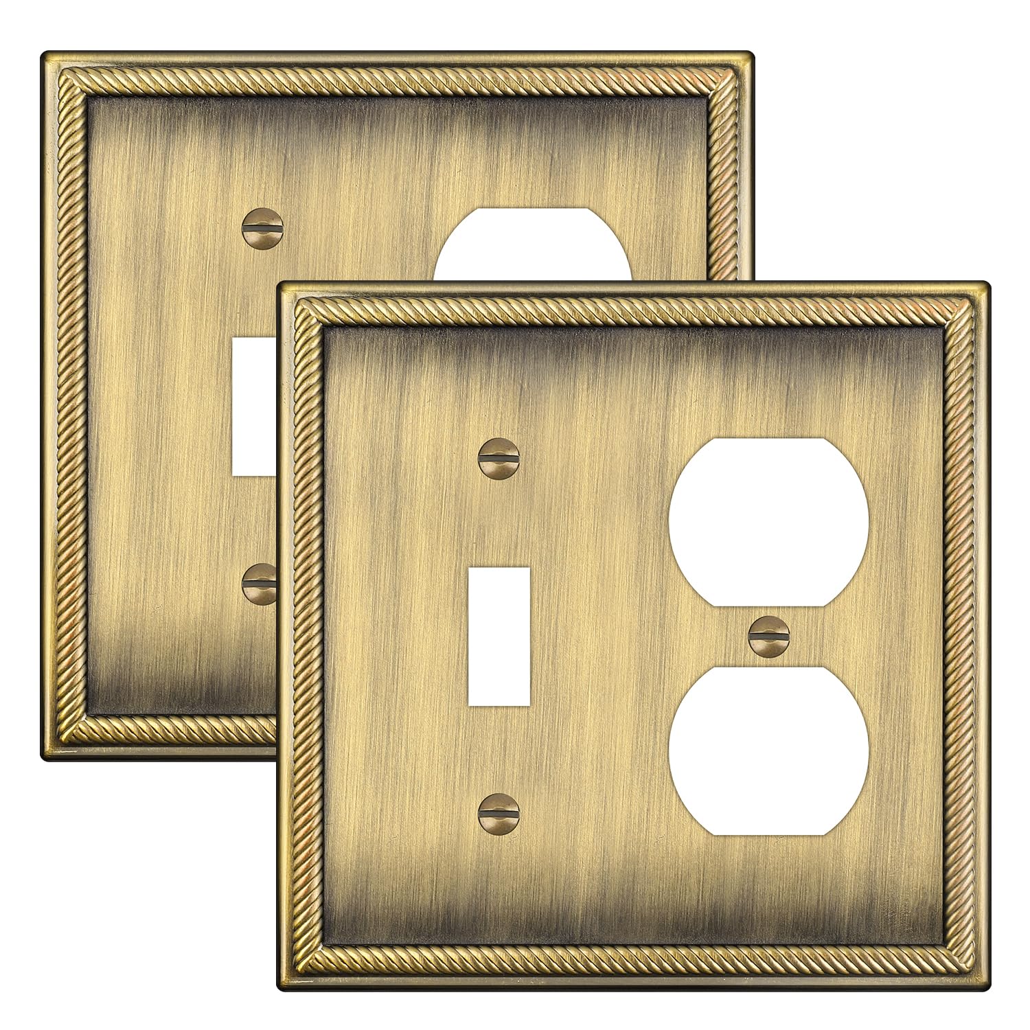 Photo 1 of Dyekou Wall Plate for Electrical Outlets, Decorative Antique Brass Switch Plates Outlet Cover, Light Switch Cover Plate, 2-Gang Wall Plates, Solid Zinc Alloy (Toggle/Duplex, 2 Pack)