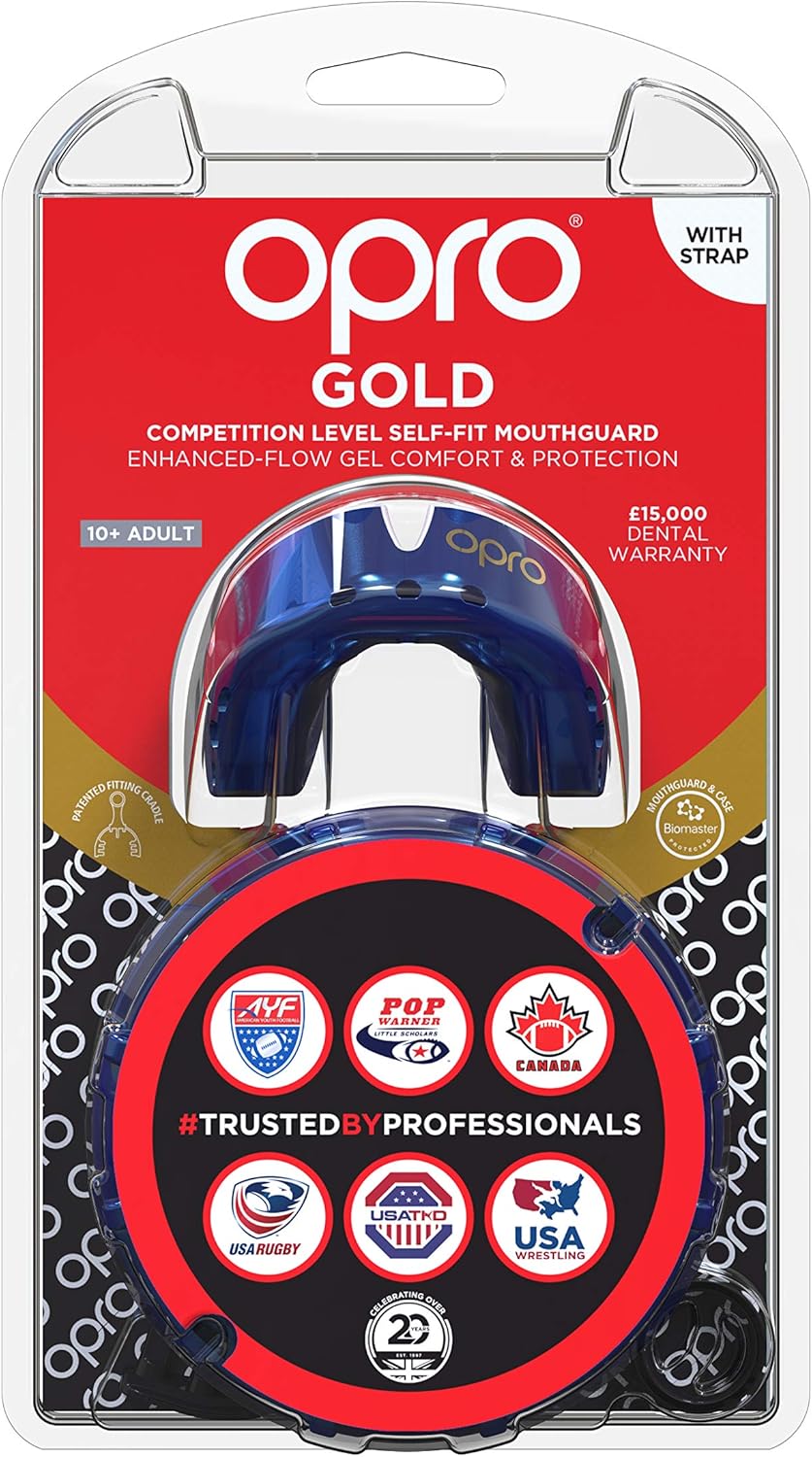 OPRO Gold Level Mouthguard + Strap | Gum Shield for Football, Lacrosse, and Other Contact Sports - 18 Month Dental Warranty (Blue, Adult) : Sports & Outdoors