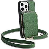 ZVE for iPhone 15 Pro Max Crossbody Wallet Case, Card Holder Phone Purse for Women, Zipper RFID Blocking Leather Cover with Wrist Strap for iPhone 15 Pro Max (6.7 inch)- Dark Green