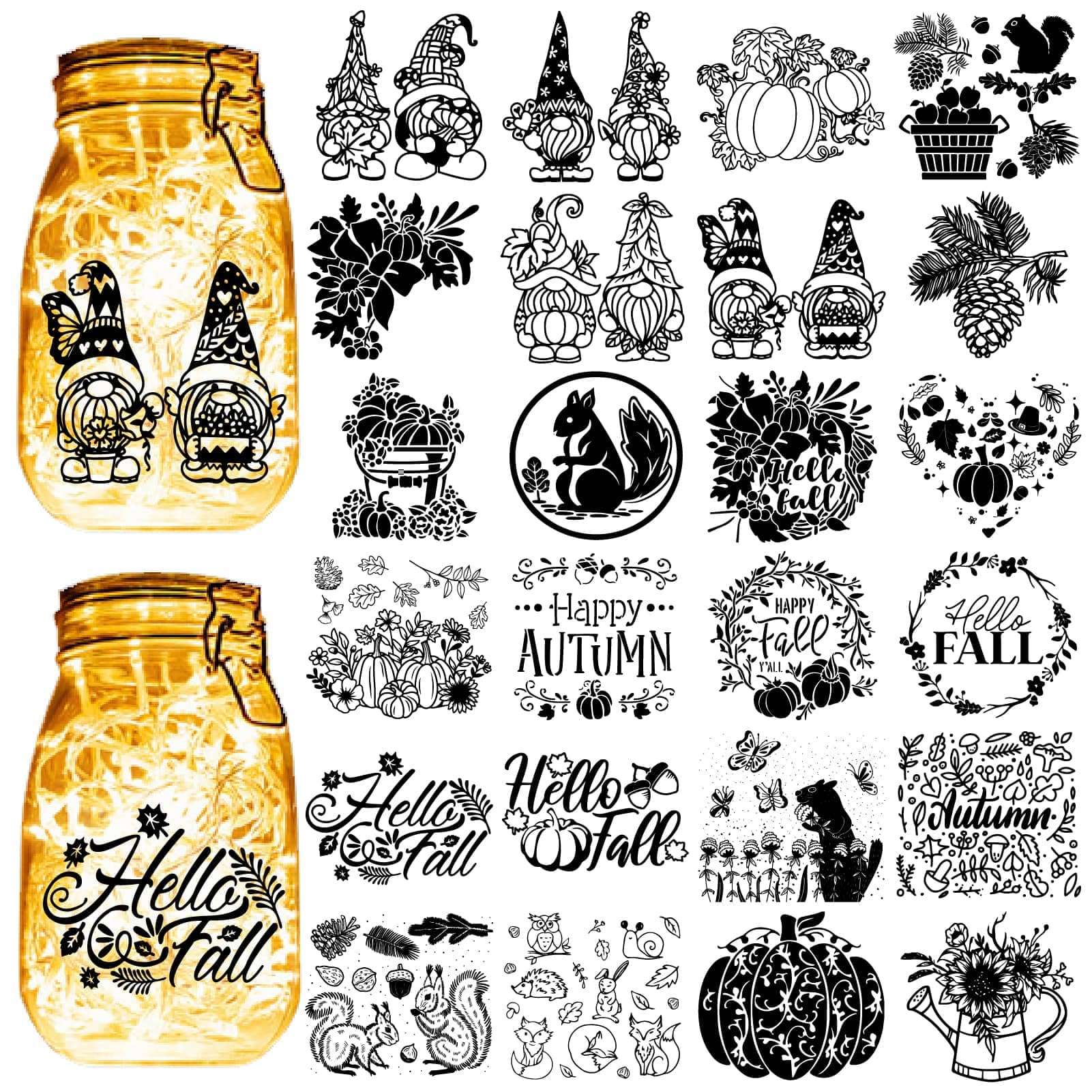 CREATCABIN 24Pcs Mason Jar Decals Gnome Silhouettes Mason Jar Decor Autumn Theme Lantern Cutouts Squirrel Pumpkin Silhouette For Wall Windows Scrapbook Decor Supplies Black 3.9x3.5Inch(No Sticker)