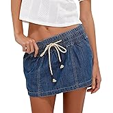 utcoco Womens 2025 Summer Denim Skirts Shorts Y2K Drawstring Elastic Low Wasit Jean Shorts with Pockets