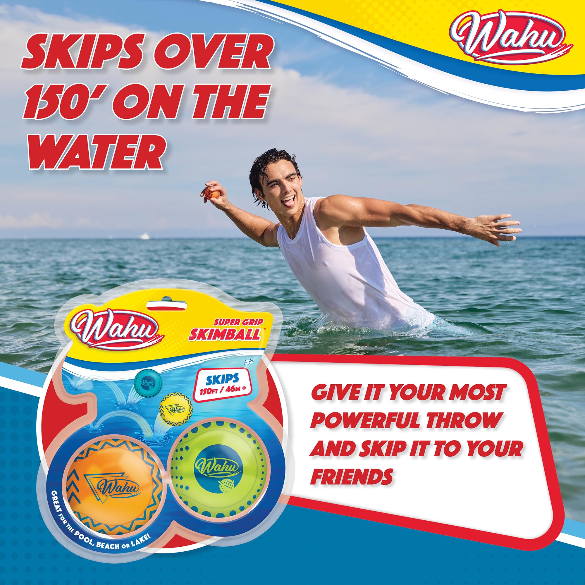 Wahu Super Grip 100% Waterproof Skimball Set, Pack of 2 Water Skipping Balls for Pool and Beach, Skips Over 150' on Water, Green/Orange