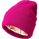 AQOKKA Womens Satin Lined Knit Beanies Hat Warm Silk Lined Winter Hat for Women Men Soft Slouchy Cuffed Unisex Skull Cap