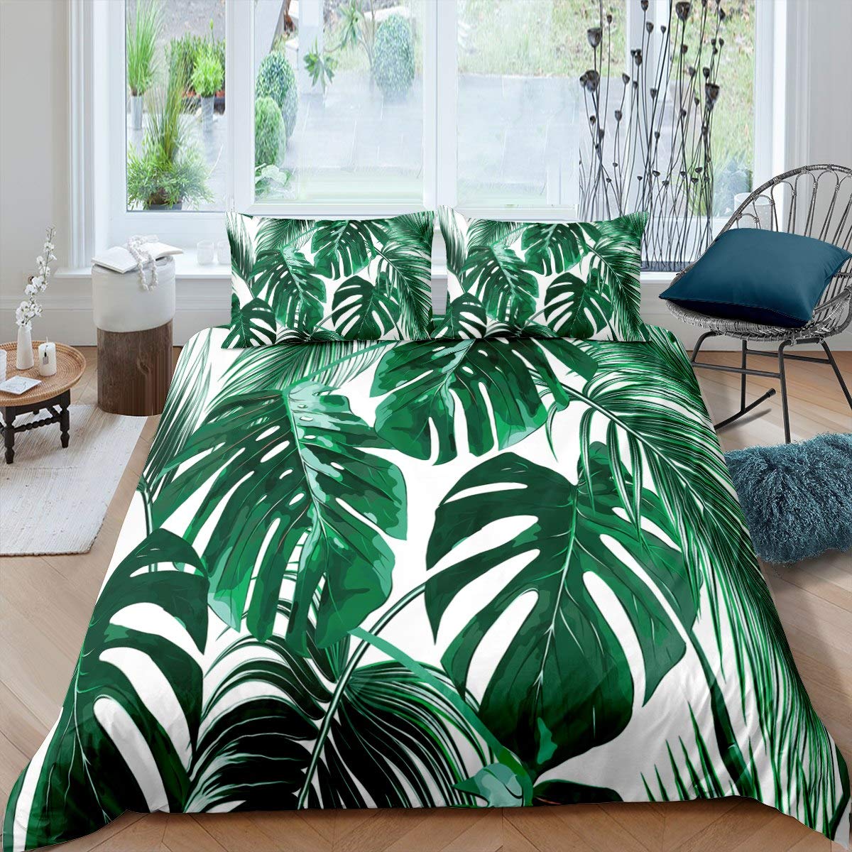 Loussiesd Palm Leaf Bedding Hawaiian Tropical Island Duvet Cover for Kids Children Teens Adult Palm Tree Green Plants Comforter Cover Nature Theme Bedspread Cover Quilt Cover 3Pcs Double Size — image 1