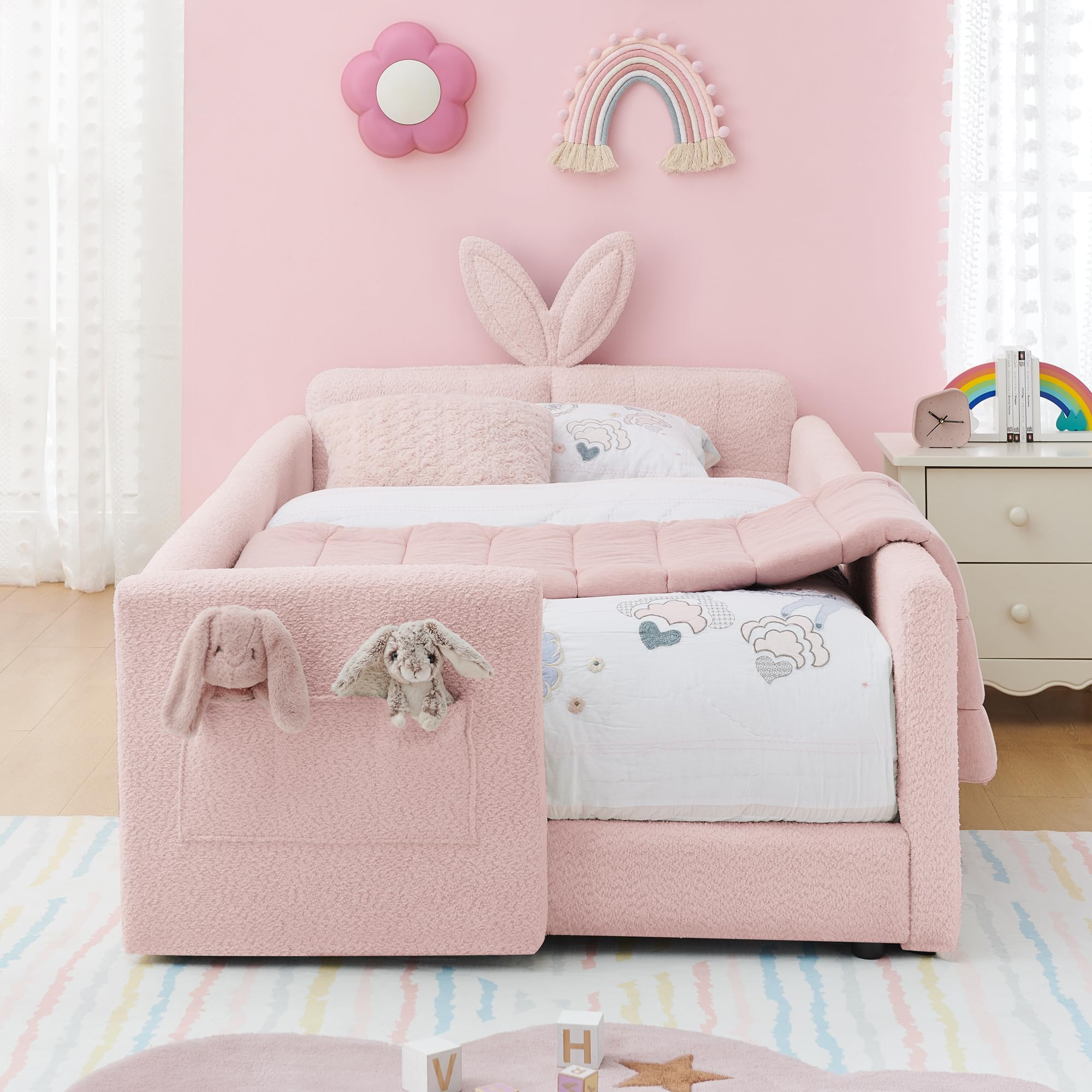 Photo 1 of KEIKI Twin Size Upholstered Platform Bed Frame with Cute Rabbit Ear Shaped Headboard and Pocket, for Boys and Girls, Platform Bed with Guardrail and Slats, No Box Spring Required, Easy Assembly, Pink