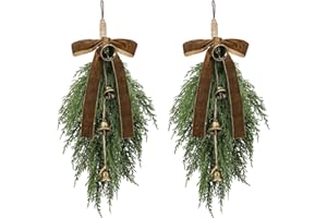 Shihanee 2 Pack Christmas Greenery Cedar Teardrop Swag with Velvet Ribbon Bow and Rustic Vintage Bells - Artificial Swag Wreath for Tree Outdoor Front Door Farmhouse Home Wall Mantle Decor(Khaki)