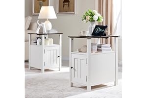 IFGET Farmhouse Nightstand Set of 2, End Table with Charging Station, Rustic Side Table w/Barn Door & Open Shelves, Bedside Table w/Storage Space and Storage Cabinet for Bedroom, Living Room (White)