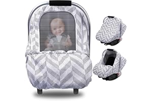 THE KENKYO Car Seat Cover Baby, Stretchy Carseat Covers Baby, Infant Stroller Cover with Mesh Window & Storage Pocket, Windproof Carseat Cover for Newborn Shower Gifts