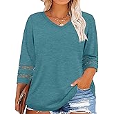 Chulianyouhuo Womens Plus Size Tops 3/4 Lace Sleeve Dressy Casual Blouses Trendy V Neck T Shirts Loose Fit Tees Tunic