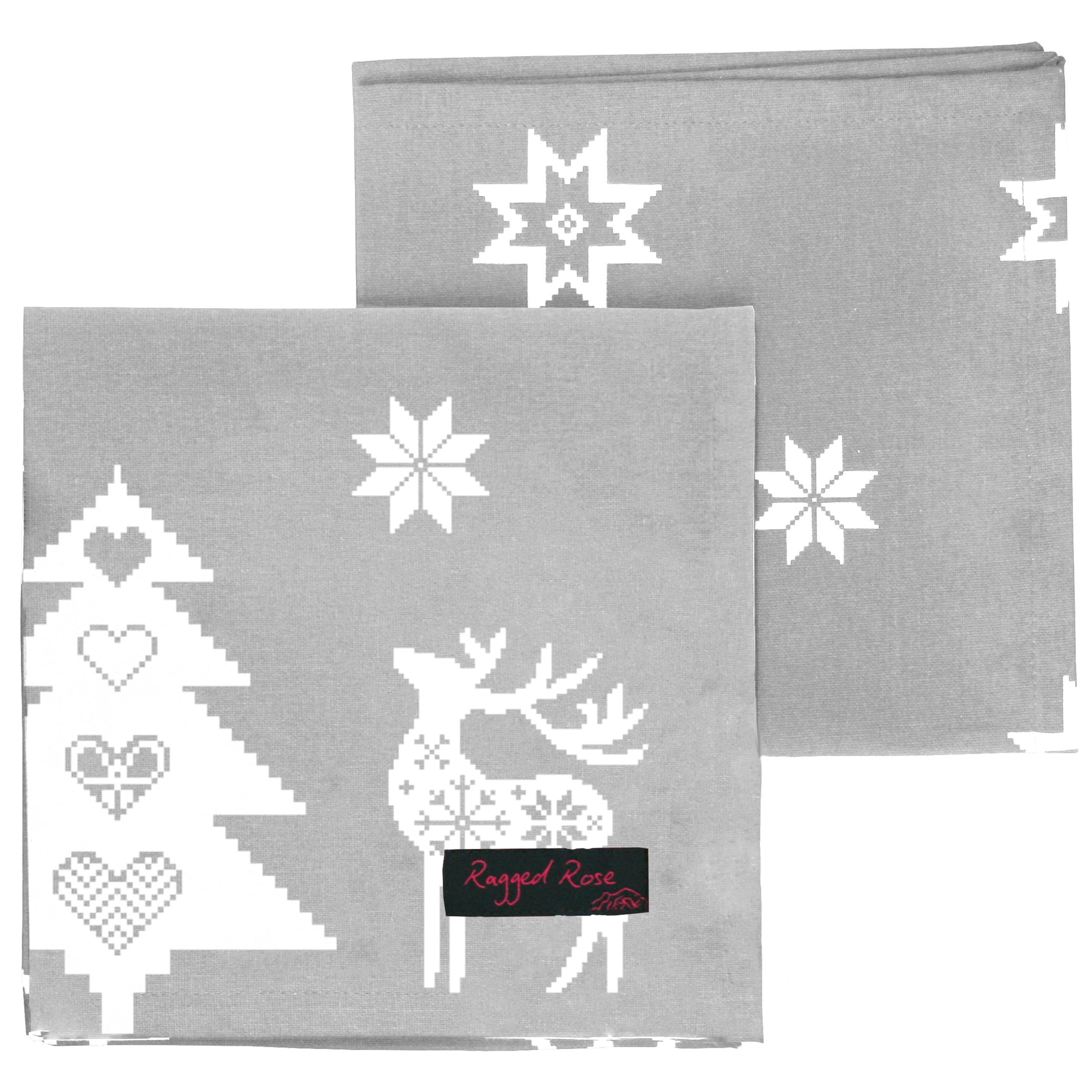 Ragged Rose Christmas Napkin - Cotton Napkins for Christmas-Themed Dining Table Setting & Silverware - Silver Grey Star Napkins Gift Wrapped Cloth Napkins Set of 4-40 cm x 40 cm