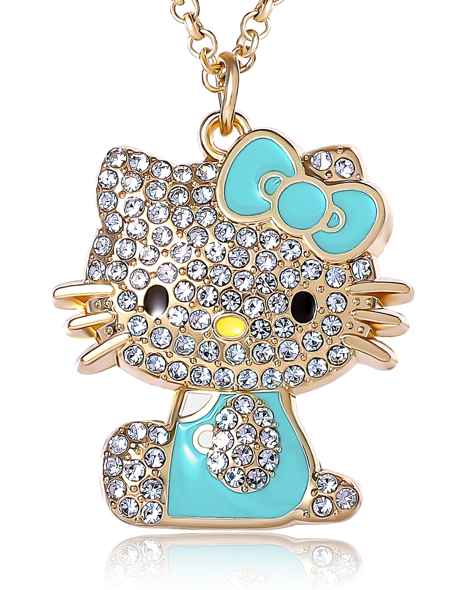 SALLY ROSE Hello Kitty Aqua Green Enamel and Pave Crystal Necklace Official License, Gold Plated 16+3 Hello Kitty Necklace, Sanrio Gifts