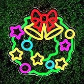 Gevbay Christmas Wreaths Neon Signs,Dimmable Christmas Led Light Sign Xmas Bells Neon Light for Holiday Party Home Bar Festival Wall Decor USB Powered