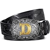 TRIWORKS Cowboy Belt for Men Women Western Belt Initial Letter A to Z Buckle with Engraved Cowboy Leather Belt