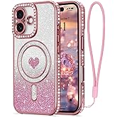 LAPOPNUT for iPhone 16 Magnetic Case [Compatible with MagSafe][Glitter Card & Wrist Strap],Girls Women Bling Sparkle Rhinestone Diamond Raised Lens Protection Cover for iPhone 16 6.1",Pink