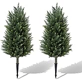 Set of 2 Artificial Cedar Topiary Christmas Trees, 3FT UV-Resistant Faux Cypress Shrubs with Ground Spikes — Tall Evergreen Decorative Plants for Outdoor and Indoor Porch, Patio, and Garden
