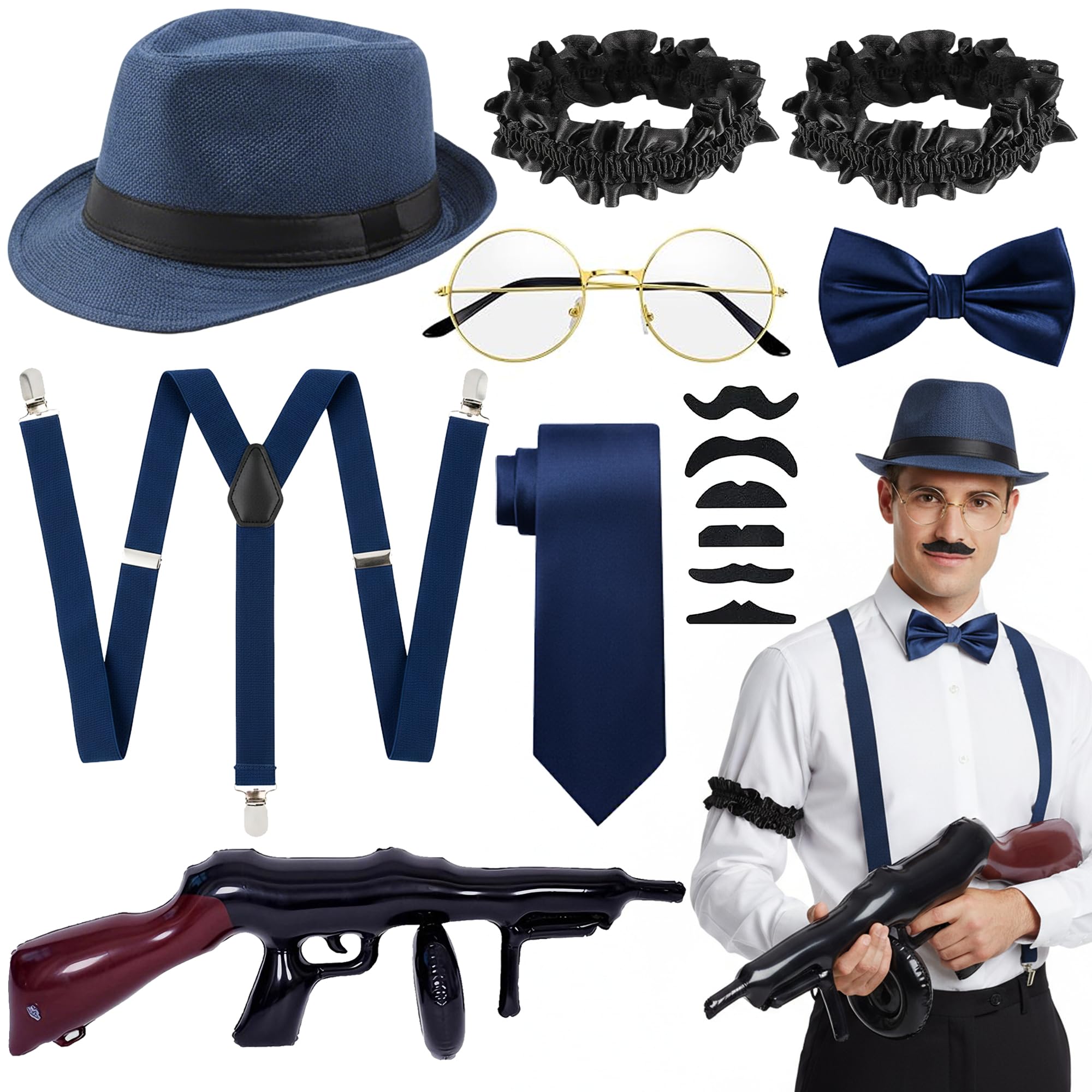 Soireeparty 1920s Fancy Dress Accessories Set - Blue Gangster Hat Kit with Suspenders Bow Tie Glasses Armbands and Moustaches, Vintage Costume Outfit for Men Cosplay Theme Party Halloween Carnival