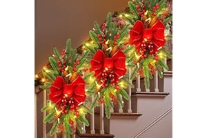 Hiboom 3 Pack Artificial Christmas Teardrop Swags 24" Xmas Cordless Prelit Stairway Swag Christmas Garland Stairs Rails Decoration with LED Lights for Indoor Outdoor(Red,Classic Style)