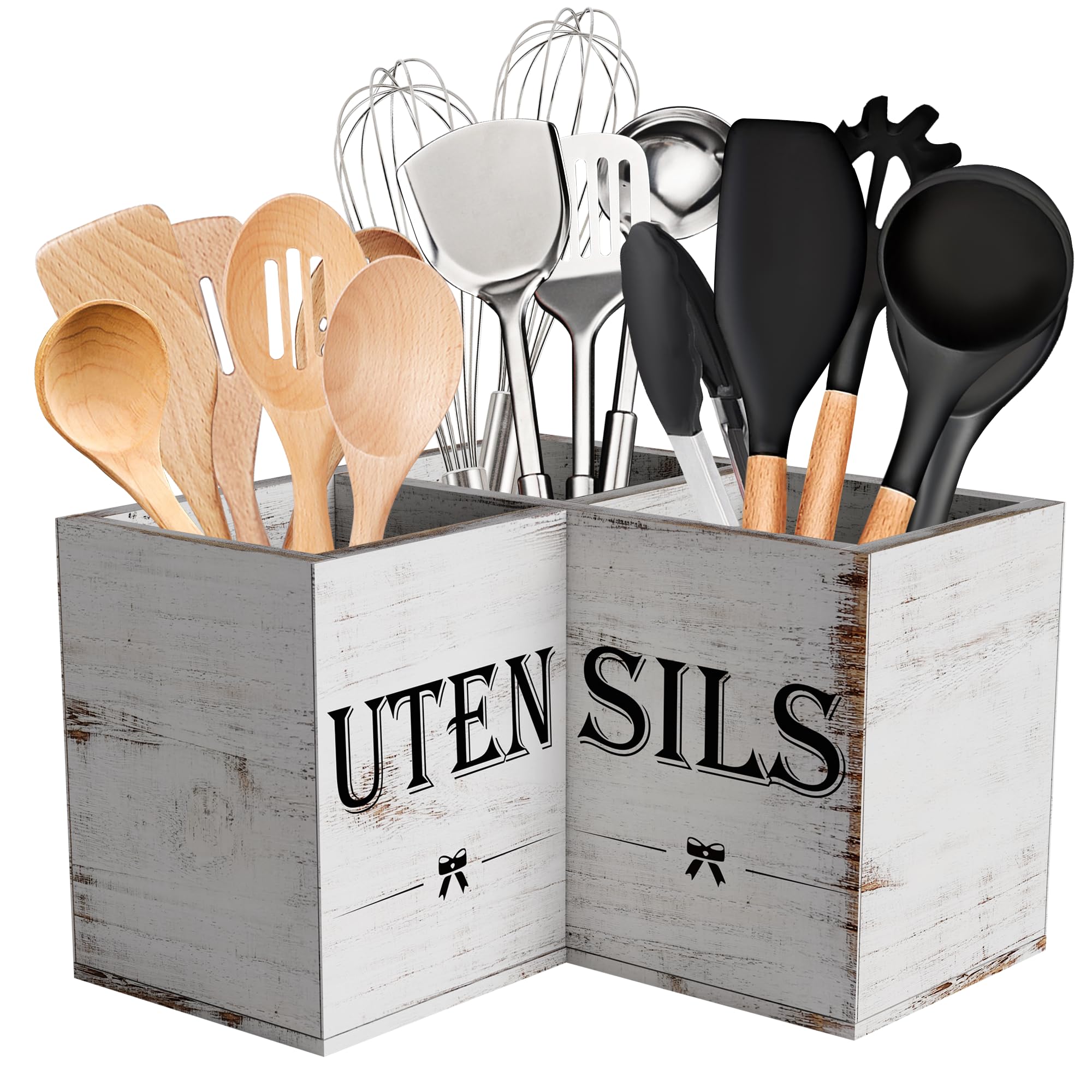 Photo 1 of Suli Extra Large Kitchen Utensils Holder with 3 Compartments,Corner Shelf,Wooden Utensil Organizer for Kitchen Countertop, Farmhouse Decor, Rustic Cooking Utensil - White grain