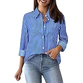 Striped Button Down Shirts for Women Cotton Dress Shirts Long Sleeve Collared Blouses Work Business Casual Tops