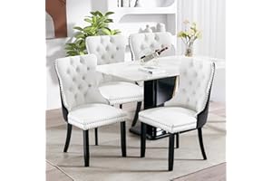 SoarFlash Leather Dining Chairs Set of 4, Tall Back Side Chair, Modern Upholstered Side Chair with Button Back Ring, Solid Wood Legs (Black&White)