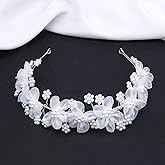 Oriamour Flower Girl Headpiece Tulle Flowers Wedding Headband for Girls, Princess Pearl Hair Accessories for Birthday Party, First Communion