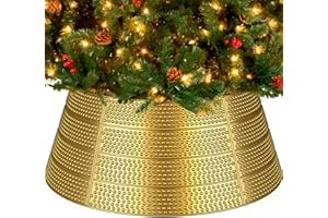 LOISVI Christmas Tree Collar, 28'' Metal Christmas Tree Collars for Artificial Trees, 5-Panel Tree Skirt Collar with 33 Ornament Hooks, Gold Xmas Tree Base Collar for 4Ft to 8Ft Tree Christmas Decorations