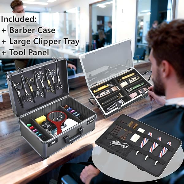 YUEIEOUN PROFESSIONAL BARBER CASE – PORTABLE BARBER TOOL CASE HAIR CLIPPER ORGANIZER WITH COMBO LOCKS, DETACHABLE TRAYS FOR CLIPPERS, SHEARS, RAZORS, TRIMMERS – SECURE STORAGE FOR BARBERSHOP OR TRAVEL