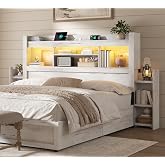 AMERLIFE Queen/Full Wood Headboard Only with Storage, Distressed White | 49.6" Farmhouse Bookcase Headboards, 2 Rolling Side Racks, Open Shelves, RGB LED, Charging Station, Adjustable Full/Queen Fit
