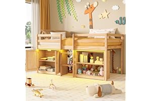 TOLEAD Low Loft Bed Twin Size with LED Lights, Twin Bed Frames for Kids, Kids Loft Bed with 14" H Safety Guardrail, Wood Twin Loft Bed with Storage Cabinet and Under-Bed Play Space (Natural)