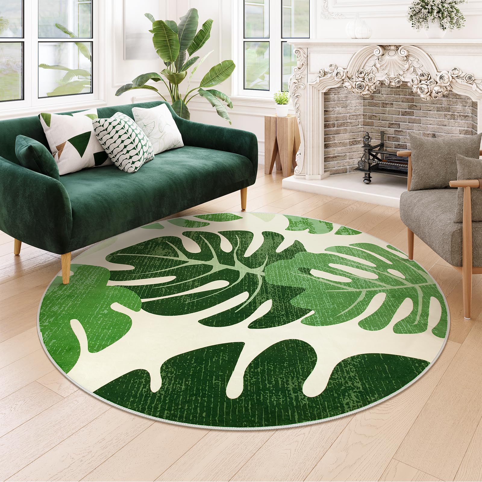 Photo 1 of Lukinbox Round Indoor Outdoor Area Rugs for Living Room, 6ft Green Leaf Washable Bedroom Rug Non-Slip Circle Rugs, Soft Circular Tropical Monstera Thow Carpets for Dinning Room Patio Porch