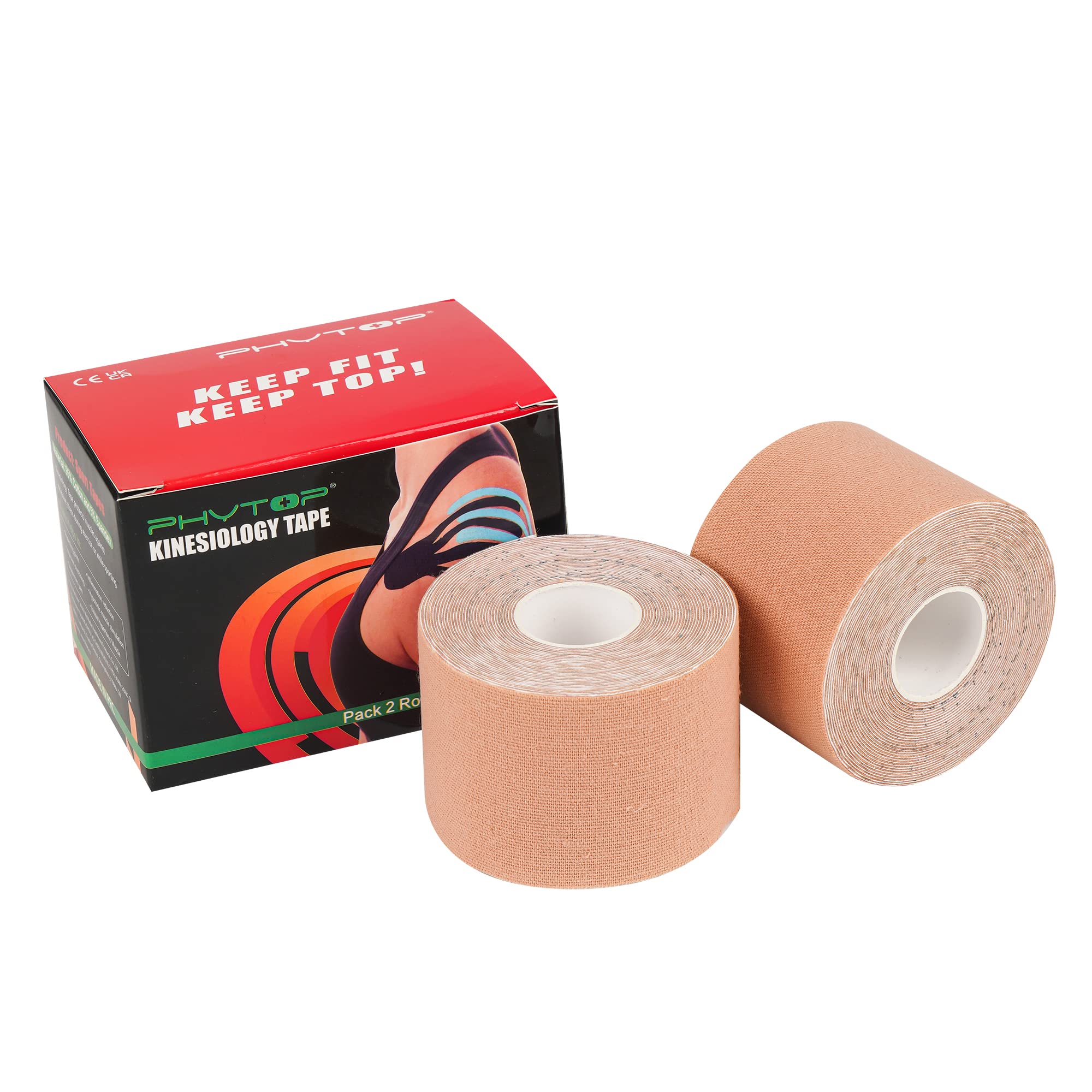 PHYTOP Kinesiology Tape Skin Colour (2 Rolls Pack) for Athletes, Physio Sports Injury Muscle Tape Not Pre-Cut