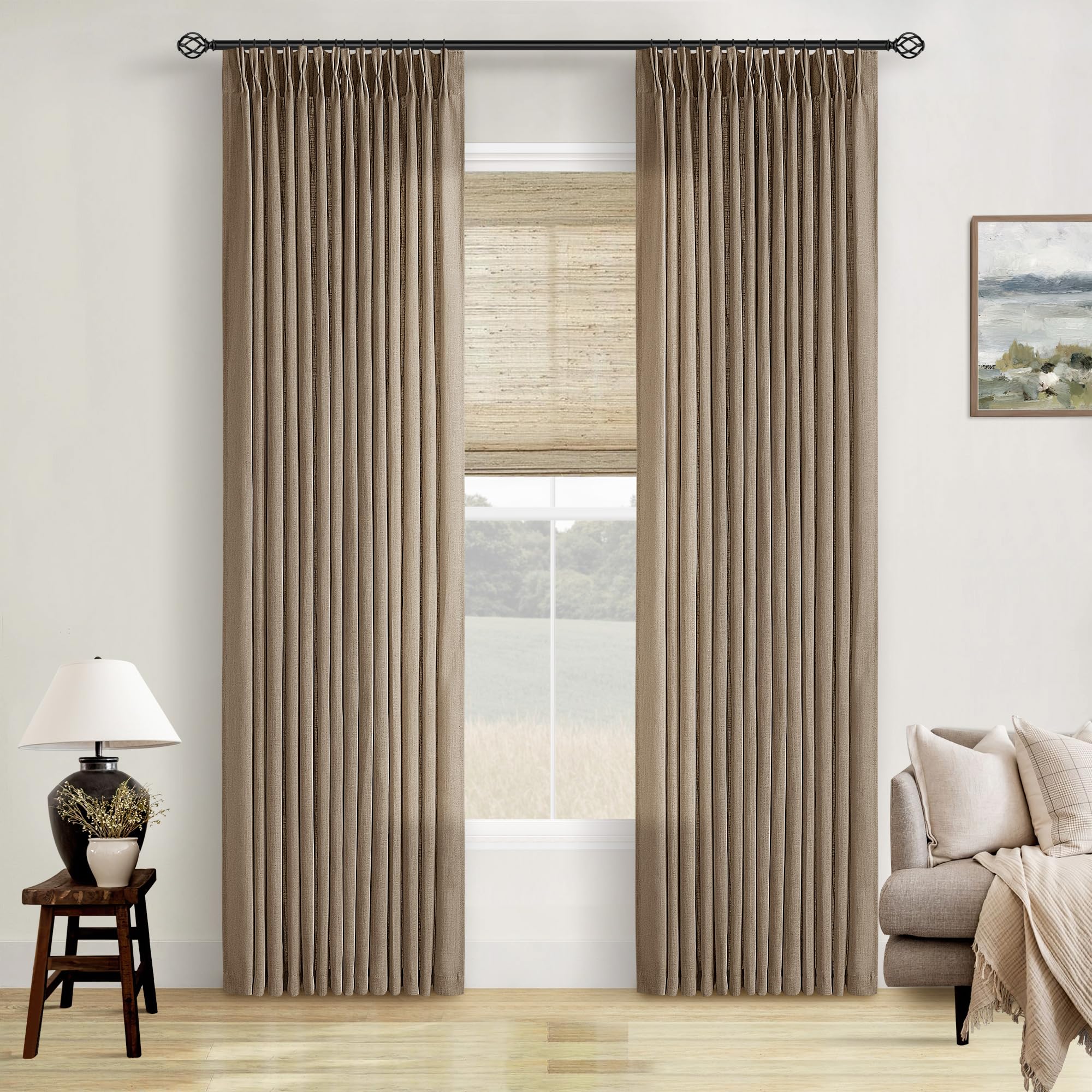 Photo 1 of Pinch Pleated Neutral Linen Curtains 84 Inches Long 2 Panels Set for Living Room Dining Pinch Pleat Back Tab Light Filtering Farmhouse Boho Retro Window Curtain Drapes 84 Inch Length Latte Tan Brown