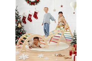 Tiny Land Pikler Triangle Set, 7-in-1 Foldable Pikler Triangle Climbing Toys Set for Kids,Baby Indoor Playground Jungle Gym, Wooden Montessori Climbing Set for Toddler (Rainbow)