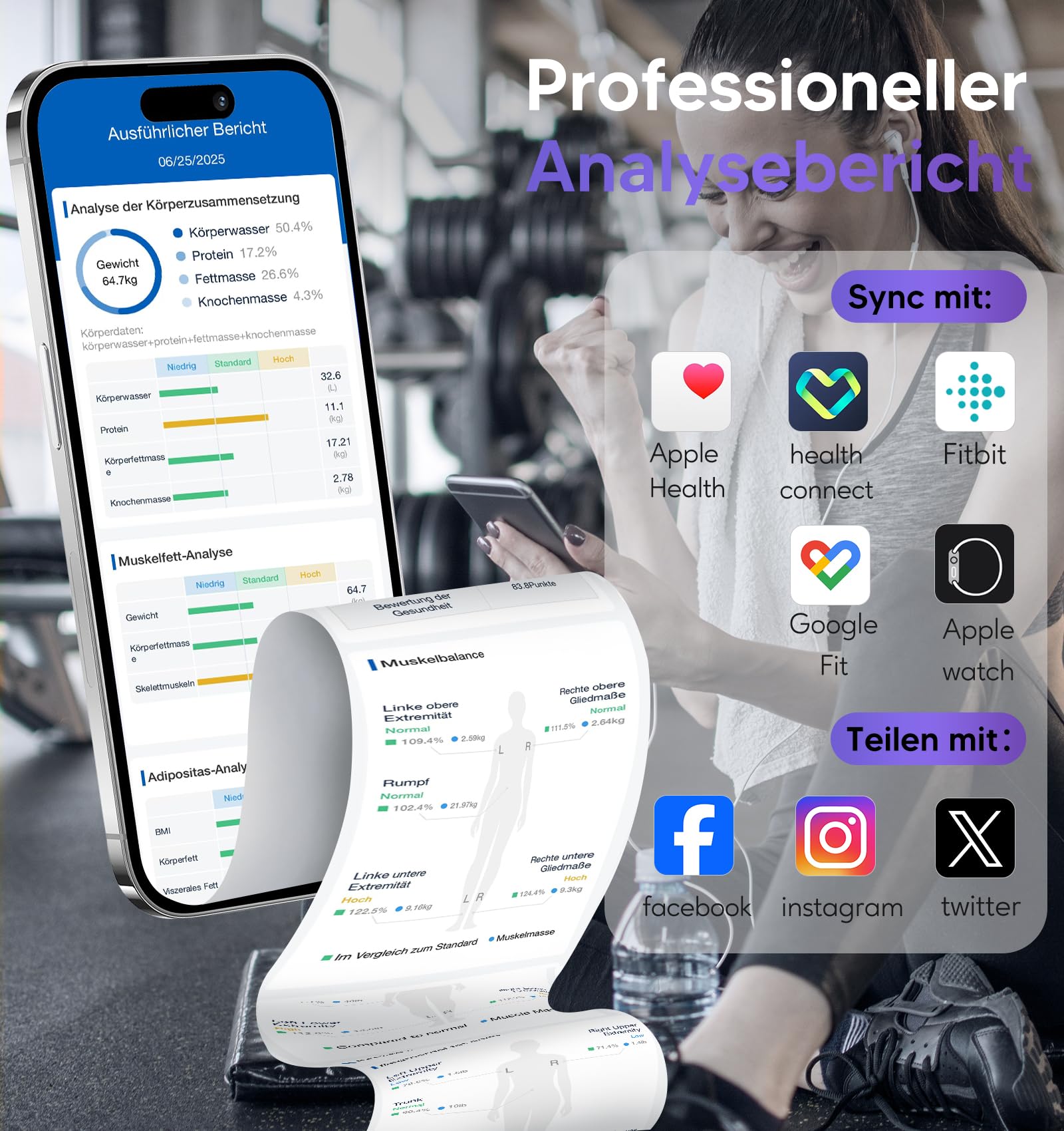 GE Körperfettwaage Smart Waage Personen: Digitale Waage mit Körperfett und Muskelmasse 8-Elektroden Körperfettwaage mit Handsensoren BMI Körpergewicht Muskelmasse Analysegerät,180 kg/400 lbs 6