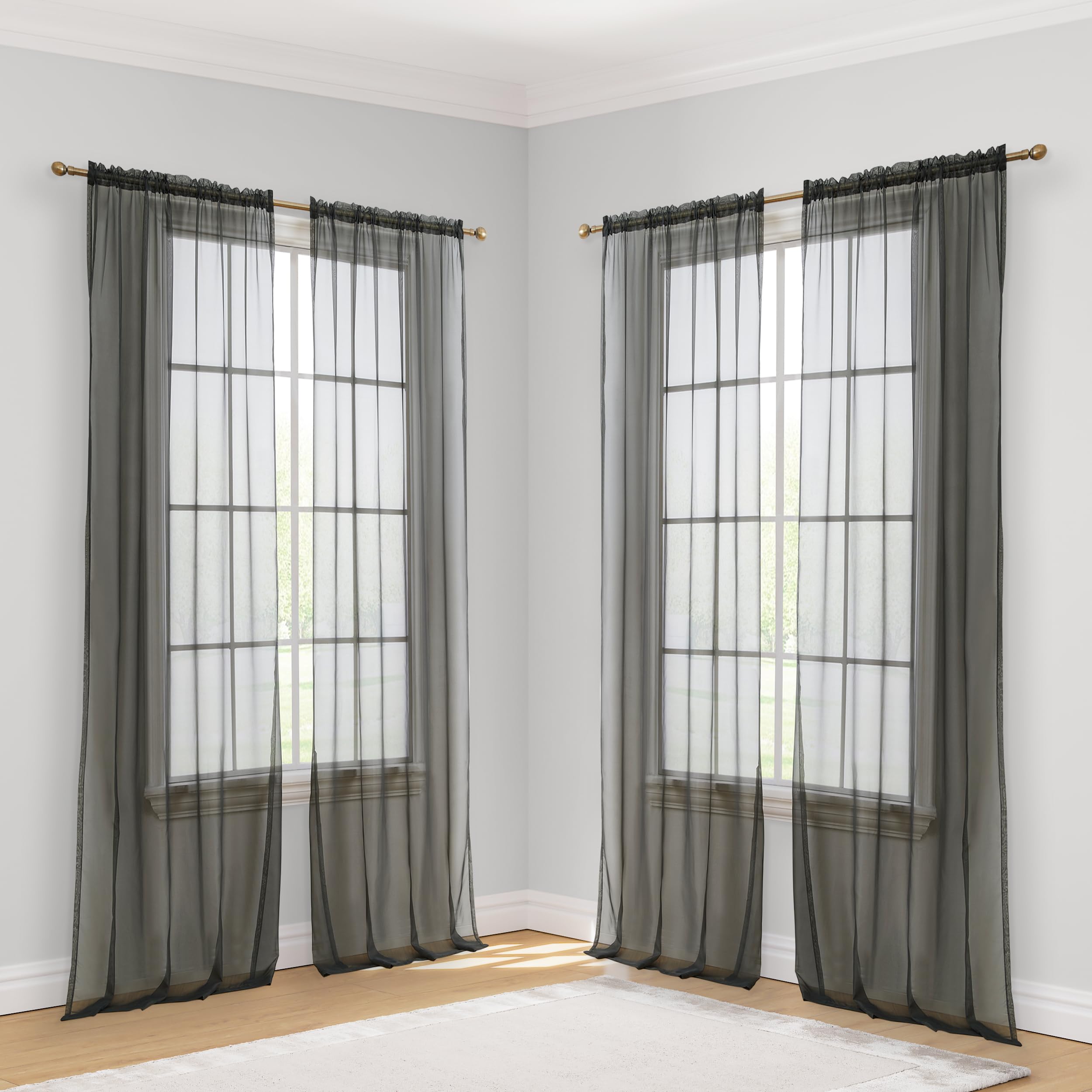 HLC.ME Charcoal Grey Sheer Curtains - Sheer Voile Light Filtering Window Treatment Coverings Rod Pocket Curtain Panels for Bedroom, and Living Room (Set of 4 Panels, 54 x 72 inches Long Per Panel) Image